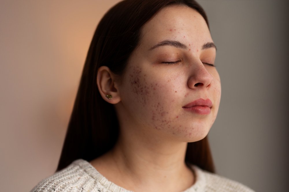 Portrait of a woman with closed eyes, showing visible acne and redness on her cheeks.